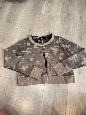 Free People Camo Knit Cardigan in Olive Green and Tan